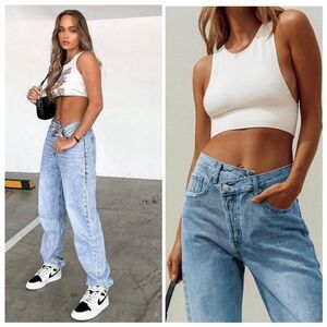 Princess Polly Holly Asymmetric Straight Leg Jean Light Wash Denim Size 2 Baddie